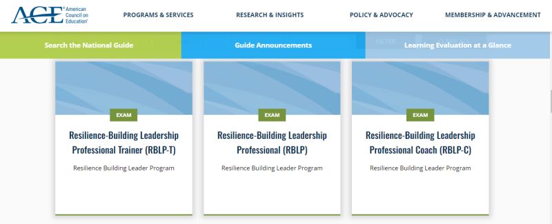 Screenshot of ACE website showing college credit recommendations for RBLP Leadership Certifications.
 