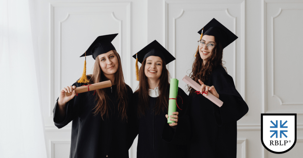 Three college students graduating with their degrees and the RBLP Leadership Certification. 